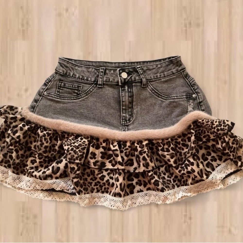 Leopard Print Denim Skirt